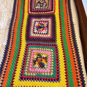 Vintage Granny Square Throw or Bed Runner Multicolored 34”x 60